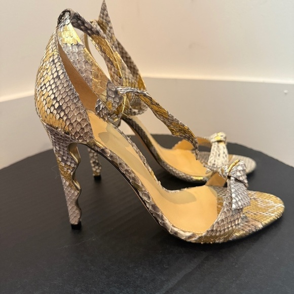 Alexandre Birman Clarita Bow Elegant Snakeskin High Heel Sandals Gold & Silver - Picture 5 of 9
